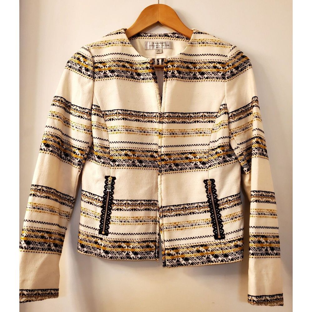 Tahari Open Blazer Jacket 2P Arthur S. Levine Woven Cream/Black/Gold Fringe Edge - Picture 2 of 10